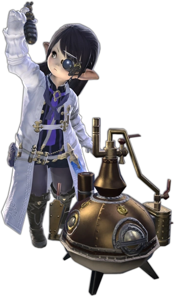 A Lalafell alchemist inspecting their alembic inquisitively.