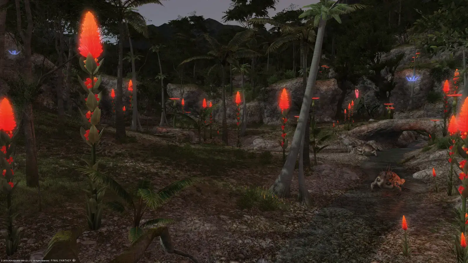 A dusk-time view of the East La Noscean jungle. The bioluminescent red plants provide natural lighting, but barely illuminate the giant toads and jungle coeurls prowling within.