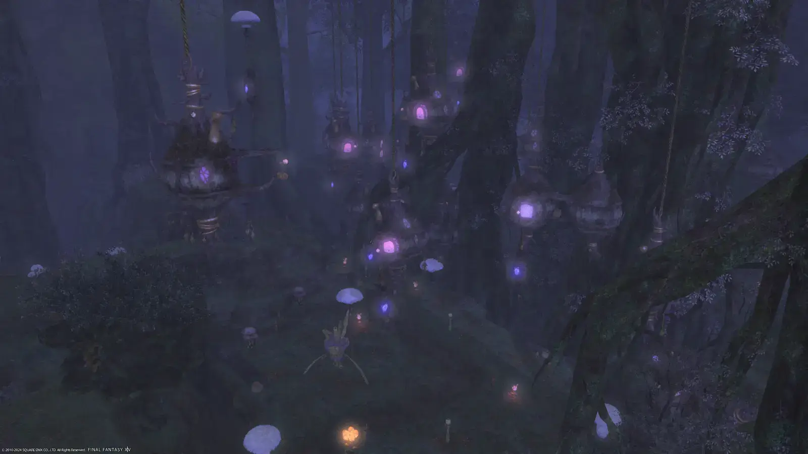 A dark purple hue blankets the Sylphlands forest. Thick tall trees coat the area, with purple lights and structures hanging from the branches.