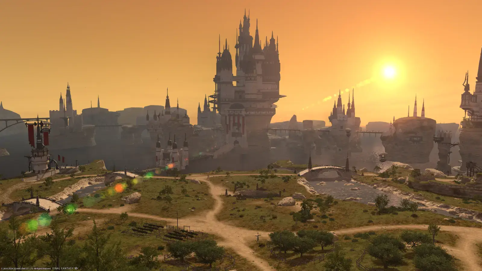 A sunset view of Limsa Lominsa seen from Summerford Farms. The Agelyss Wise river can be seen cutting through the landscape to the right, with the Zephyr Drift strethcing across the left.