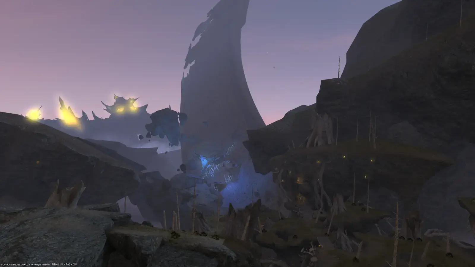 A huge chunk of Dalamud can be seen in the distance of this grey, burned down part of North Shroud. Upheaved land and corrupted crystals dot the landscape.