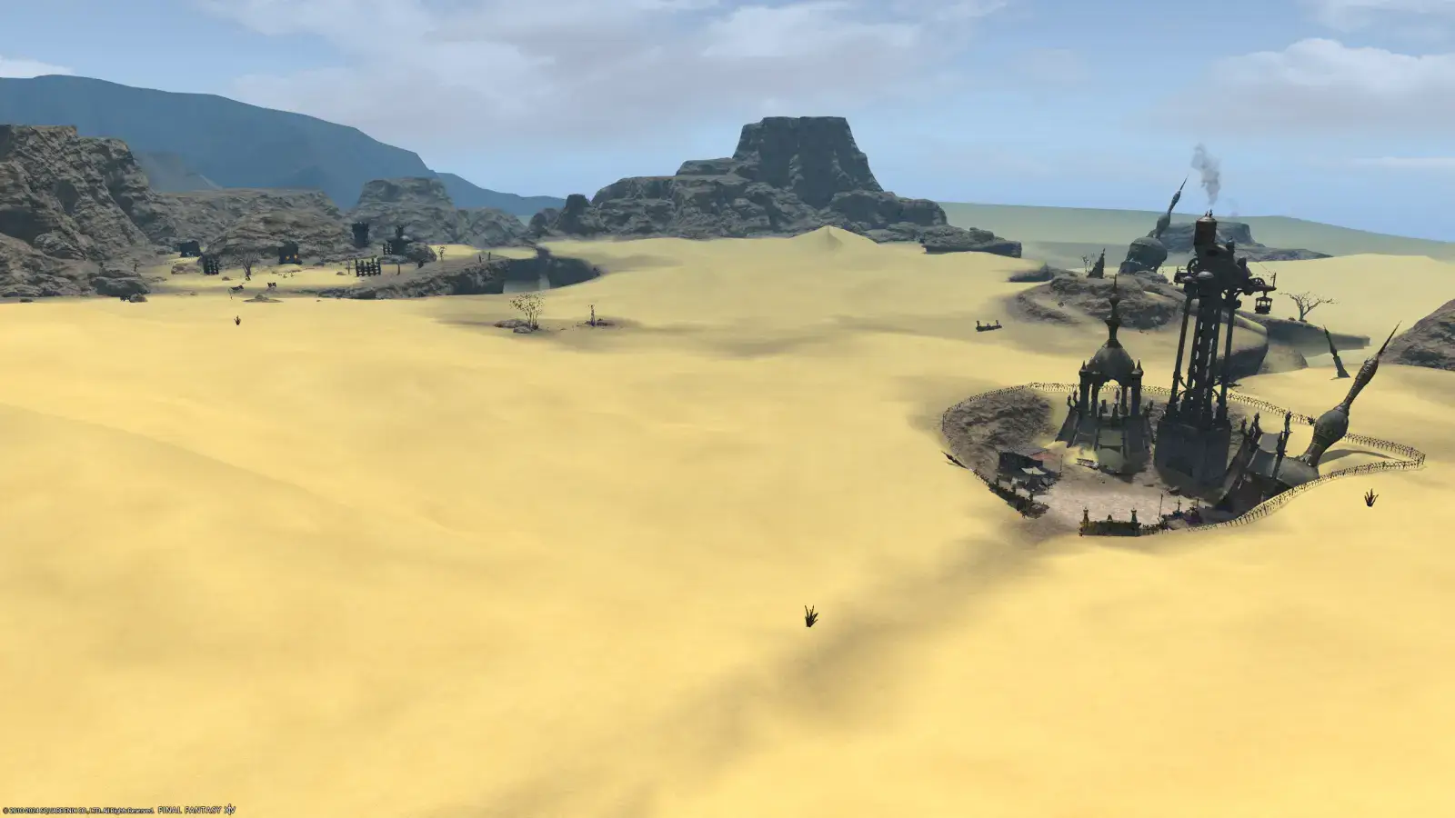 A large, yellow desert covers the land with large barren rock faces in the distance. An oil rig of sorts can be seen in the centre.